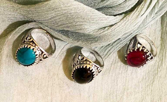 Turkish-Inspired Men's Ring Set of 3 Silver Plated Black Turquoise Red