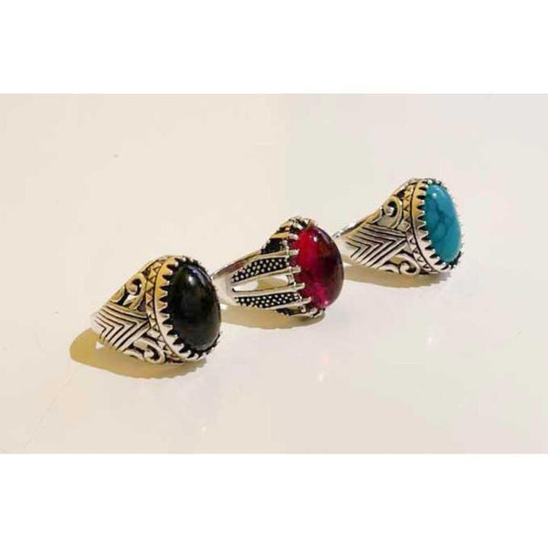 Turkish-Inspired Men's Ring Set of 3 Silver Plated Black Turquoise Red