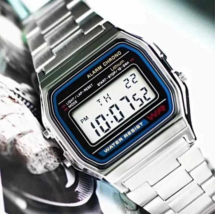 Stainless Steel Digital Watch for Men Silver Water Resistant